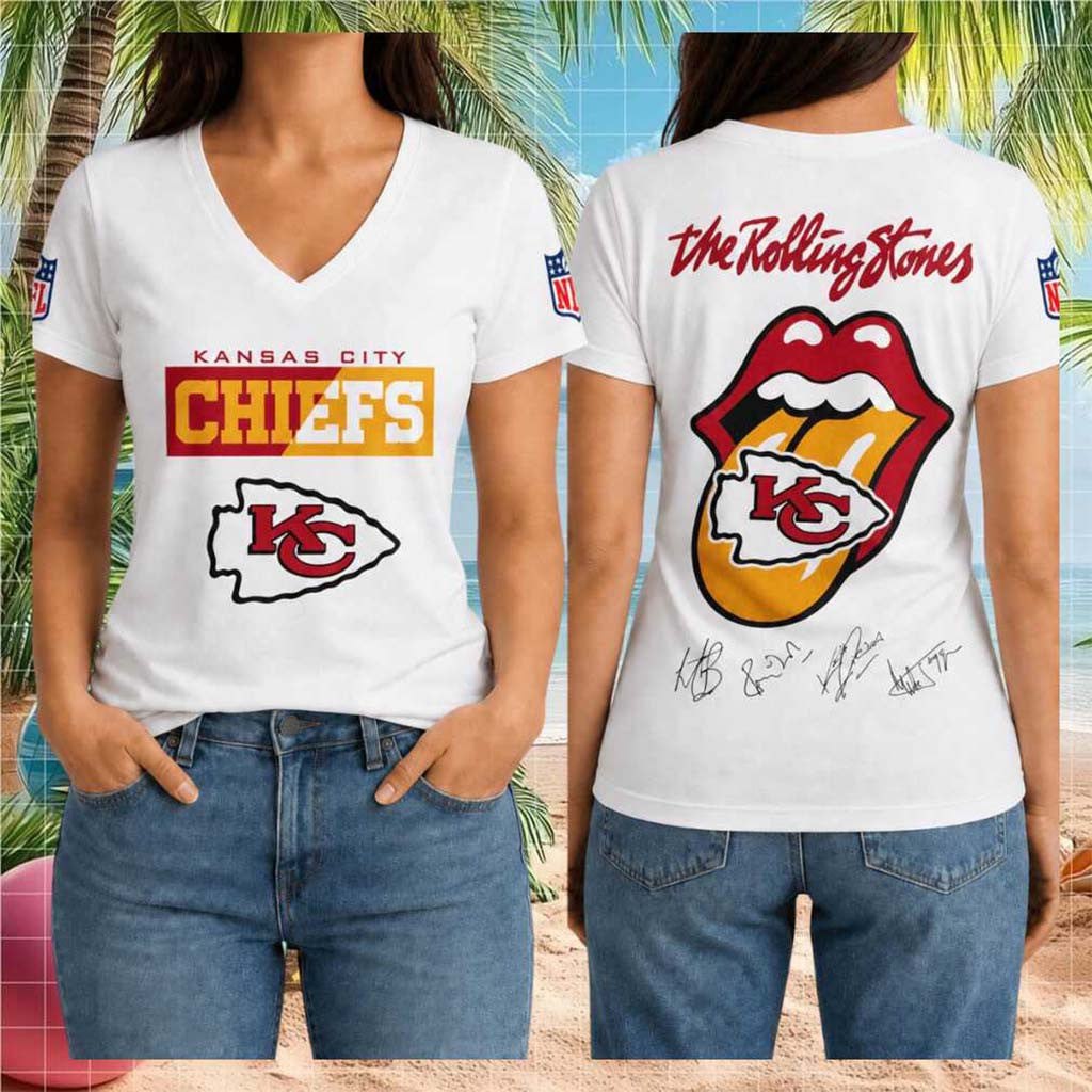 Kansas City Chiefs Rolling Stones Band Logo Football V-Neck Shirt KC Chiefs Merch Fan Apparel - Merchluma