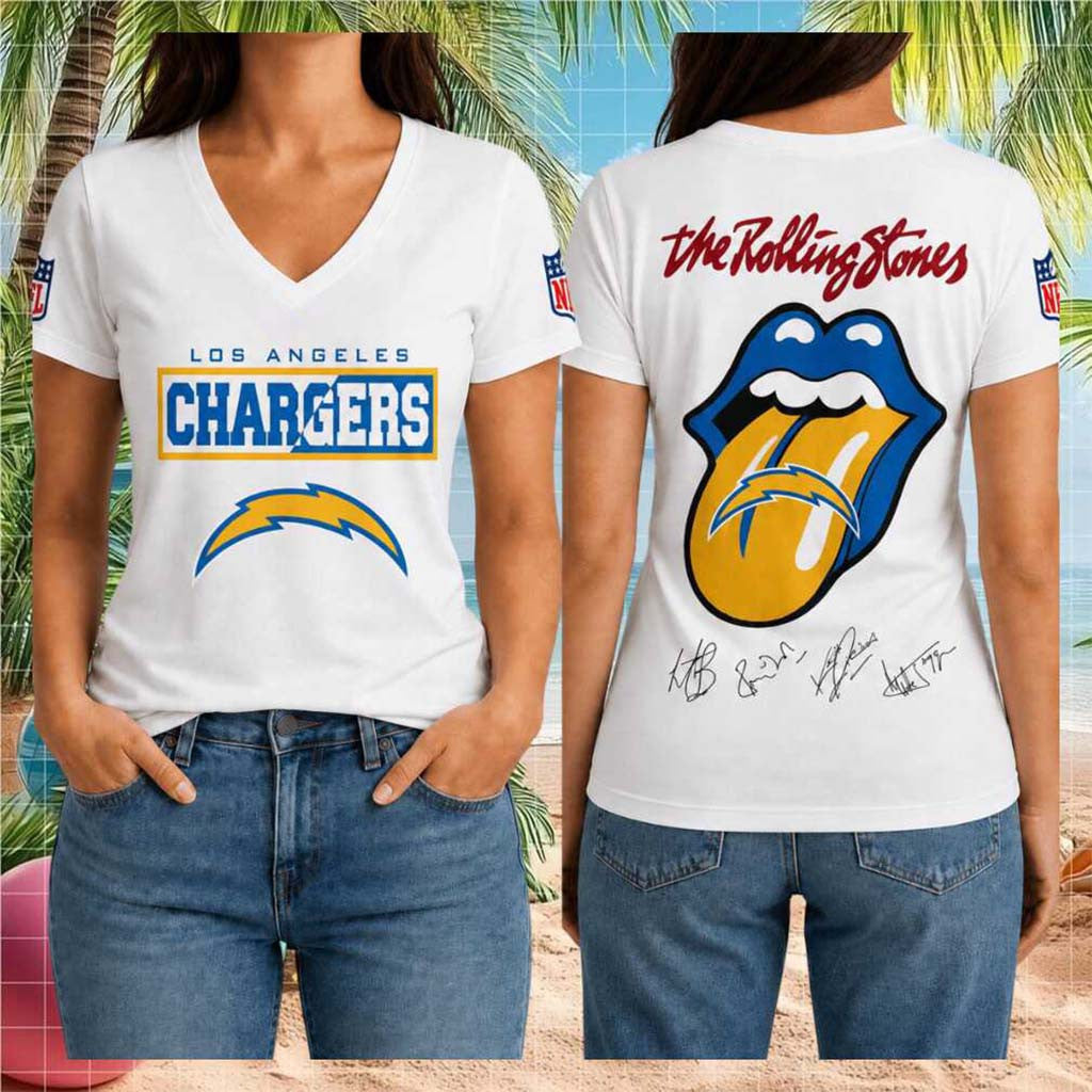 LA Chargers Rolling Stones Tongue Logo V-Neck Shirt LA Chargers Merch Football Fan Gift For Her - Merchluma