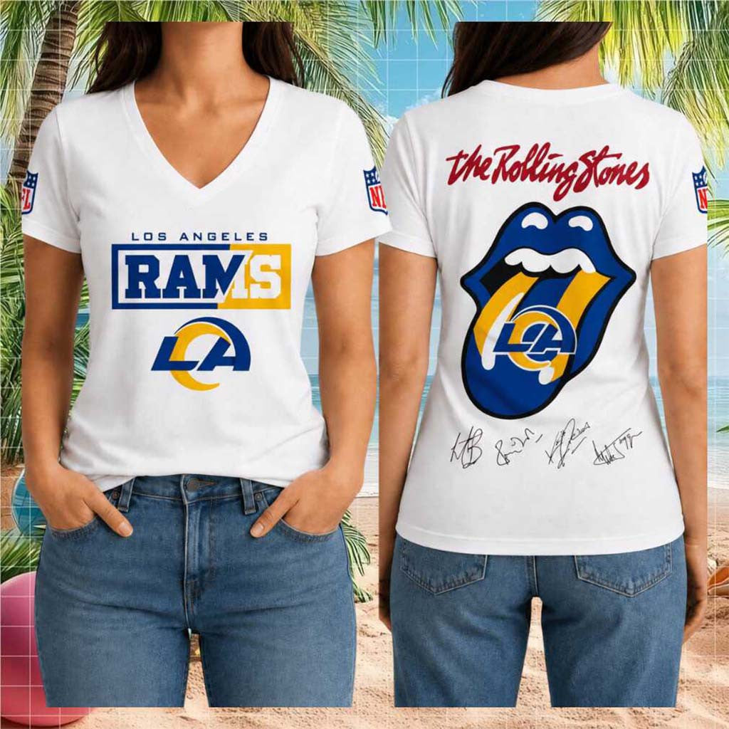 Los Angeles Rams Rolling Stones Tongue Logo V-Neck Shirt LA Rams Merch Gifts For Mom - Merchluma