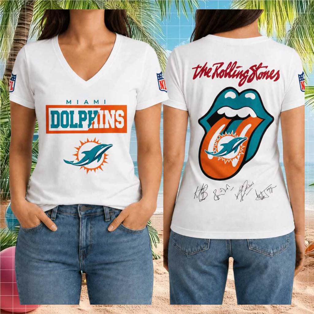 Miami Dolphins Rolling Stones Tongue Logo V-Neck Shirt Miami Dolphins Merch Fan Apparel - Merchluma