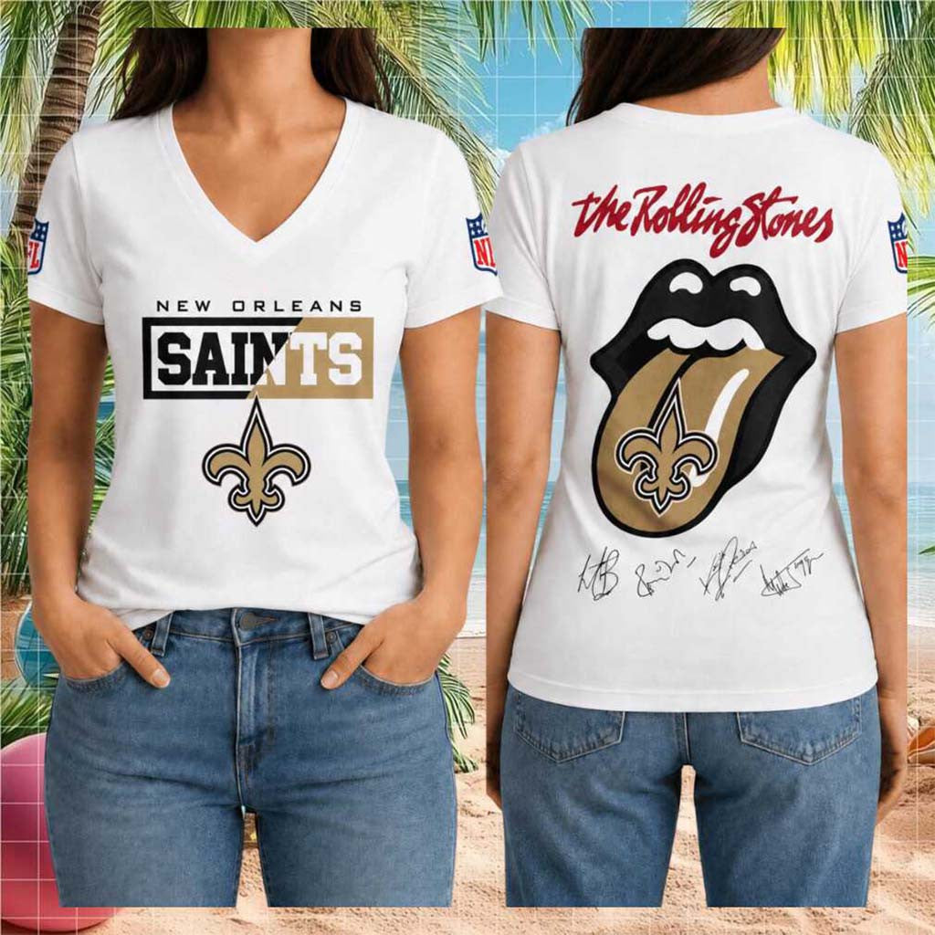 New Orleans Saints The Rolling Stones Merch 2026 Tongue Logo V-Neck Shirt NO Saints Merchandise - Merchluma