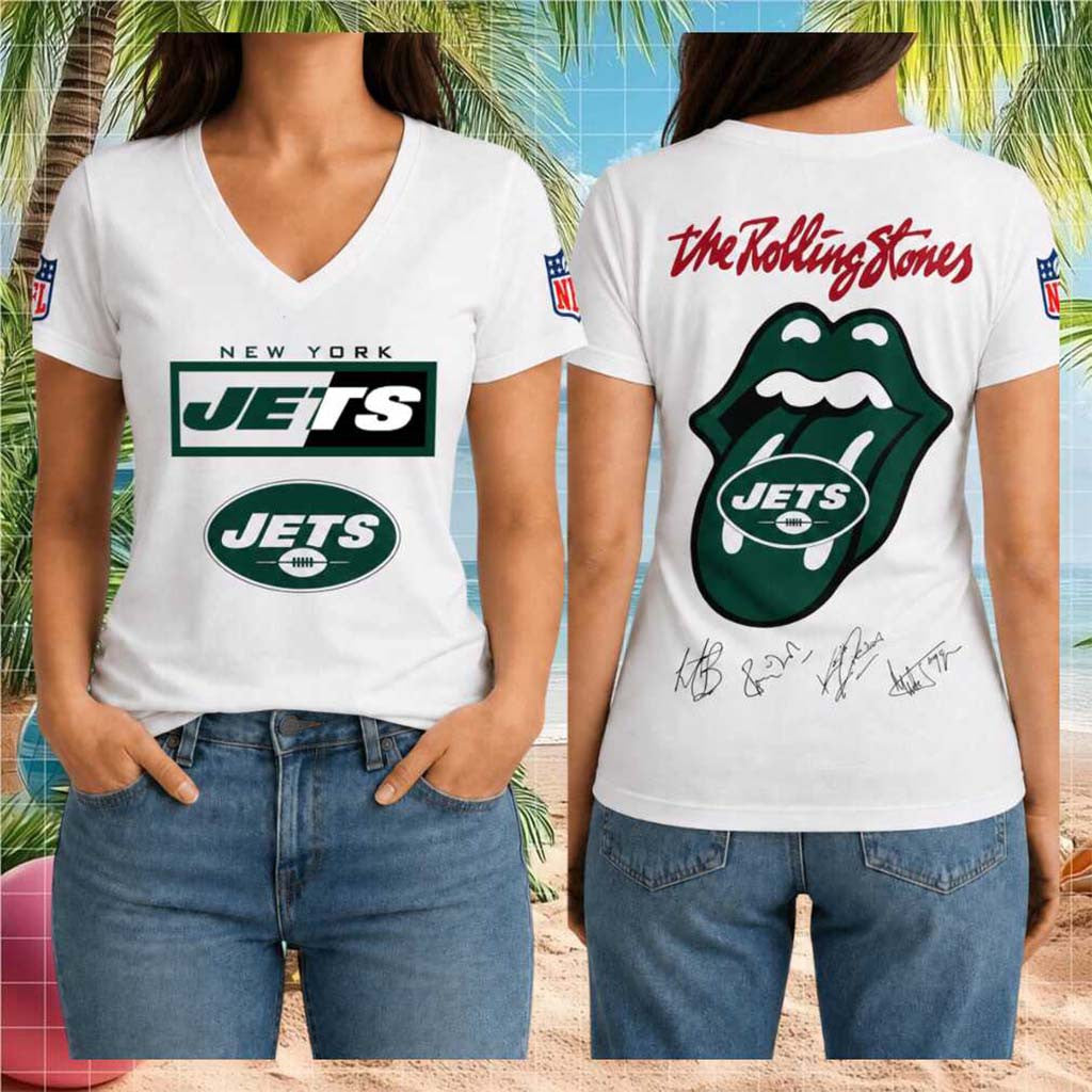 New York Jets X Rolling Stones Merch 2026 Tongue Logo V-Neck Shirt Gift For Football Fans - Merchluma