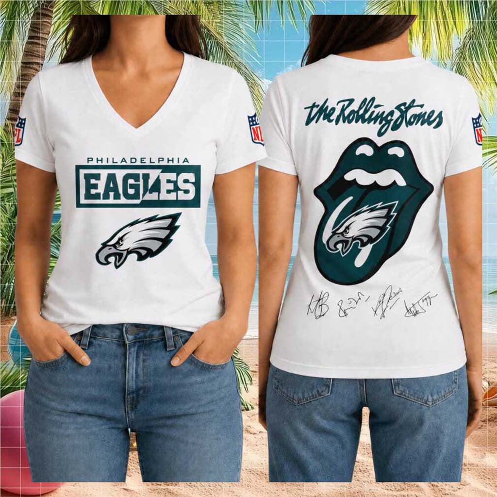 Philadelphia Eagles Rolling Stones Logo Helmet Signed V-Neck Shirt Philadelphia Eagles Merch - Merchluma