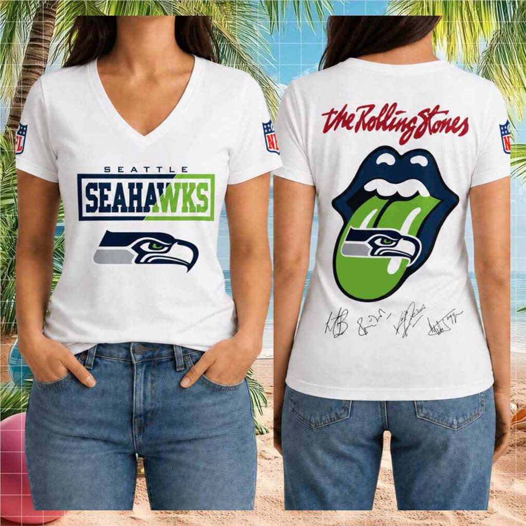 Seattle Seahawks Rolling Stones Band Graphic V-Neck Shirt Seattle Seahawks Merch Fan Gifts - Merchluma