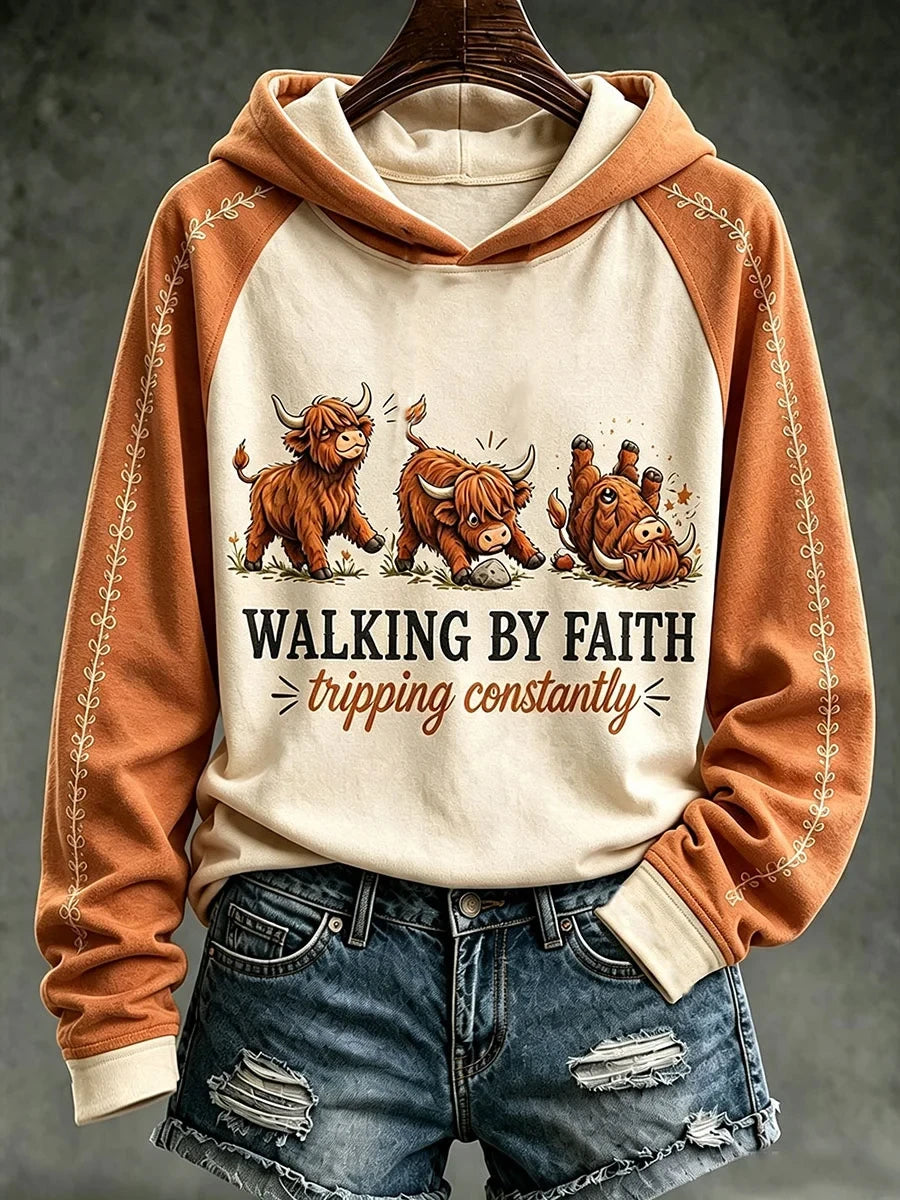 Walking By Faith Tripping Constantly Hoodie Funny Highland Cow Fall Apparel Gift For Mom - Merchluma