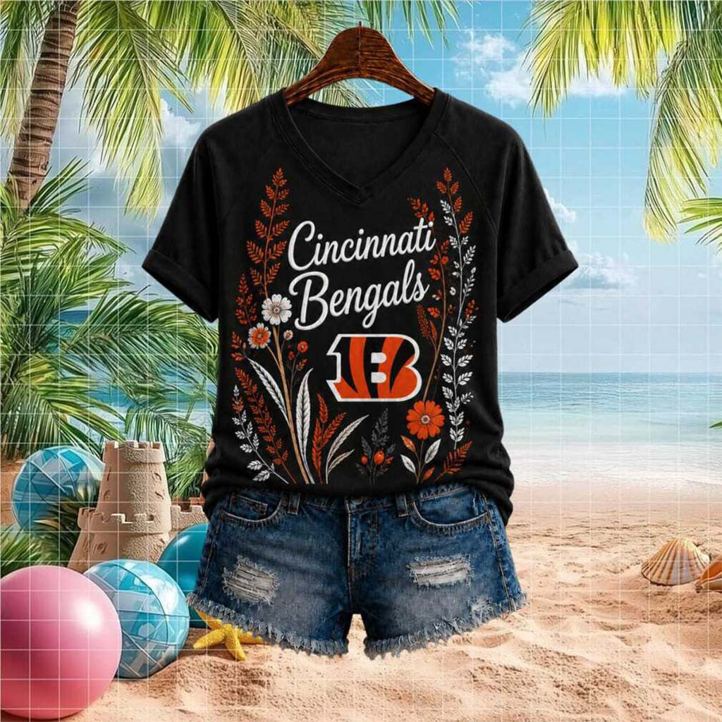 Cincinnati Bengals Floral Boho Football Team V-Neck Shirt Cincinnati Bengals Merch Fan Gifts - Merchluma