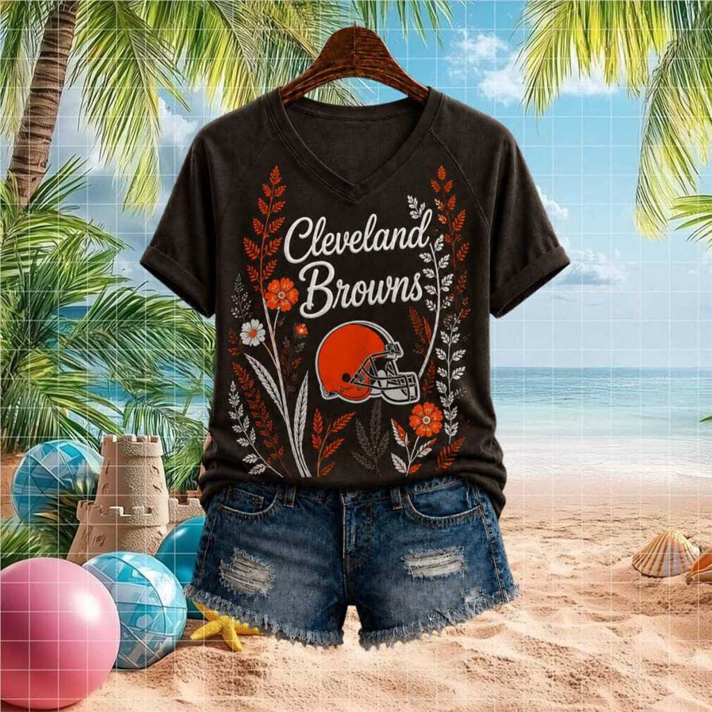 Cleveland Browns Helmet Floral Art Football V-Neck Shirt Cleveland Browns Merch Gift For Her - Merchluma