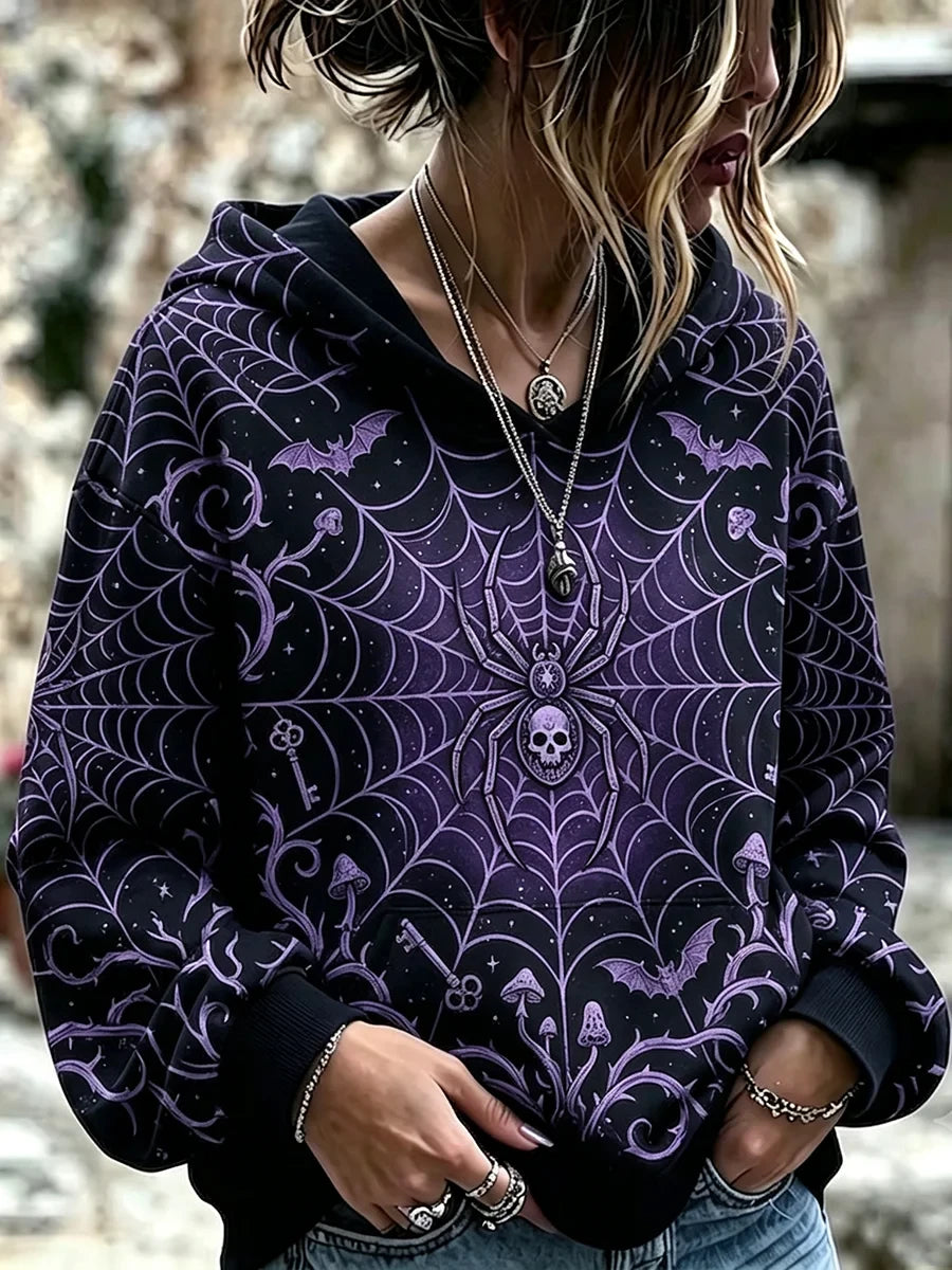 Gothic Skull Spider Hoodie Halloween Spooky Witchy Clothing Unique Gifts For Her - Merchluma