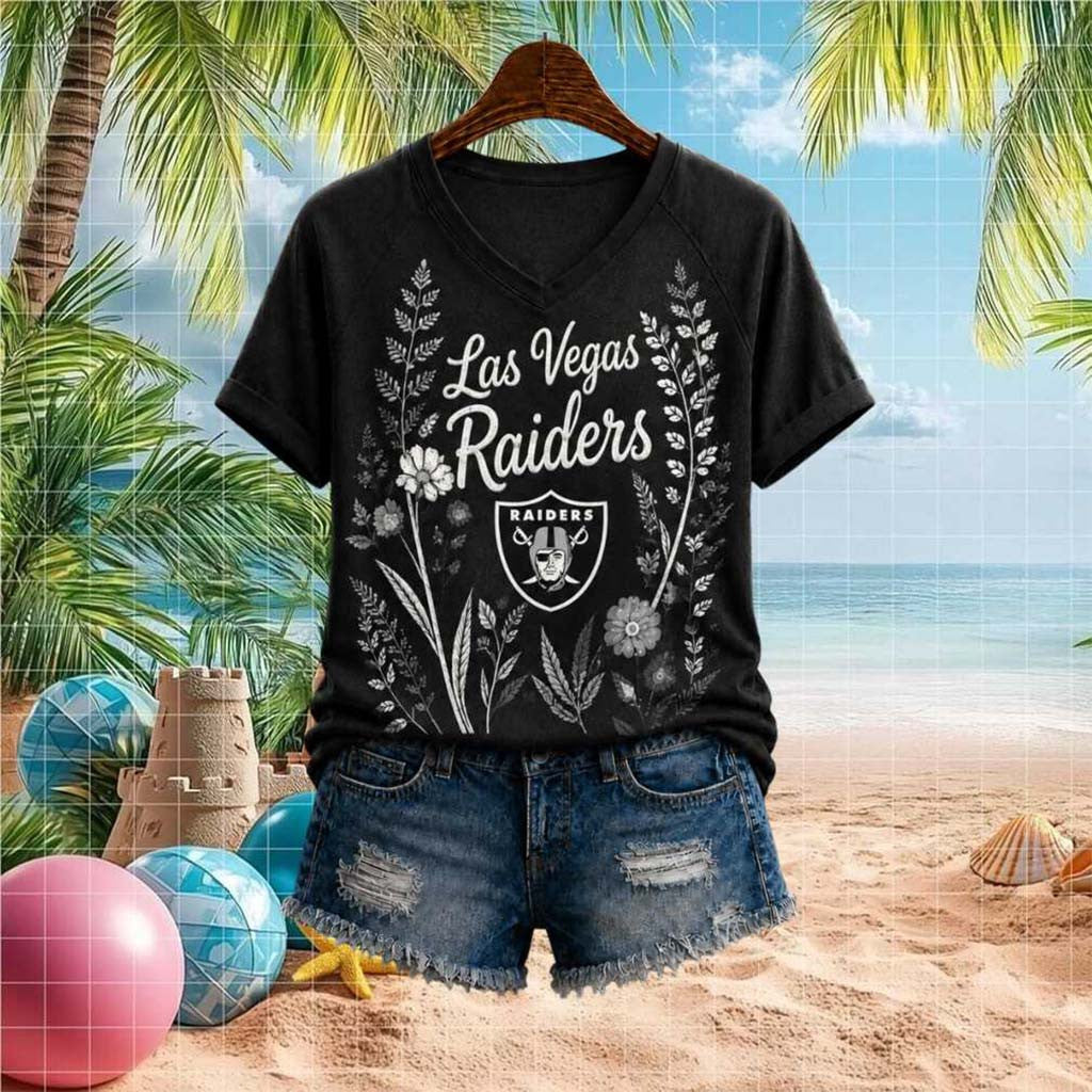 Las Vegas Raiders Floral Team Logo Graphic V-Neck Shirt LV Raiders Merch Present For Sisters - Merchluma