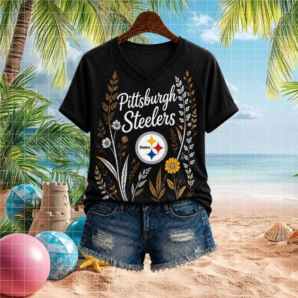 Pittsburgh Steelers Floral Boho V-Neck Shirt Womens Game Day Outfits Steelers Merch - Merchluma