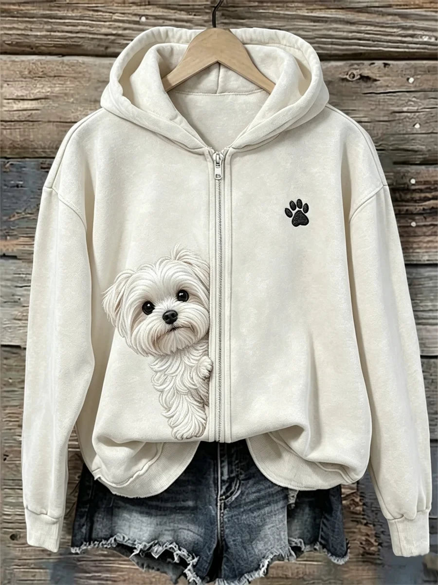 Cute White Maltese Poodle Dog Zip Hoodie Paw Lover Apparel Gift For Her - Merchluma