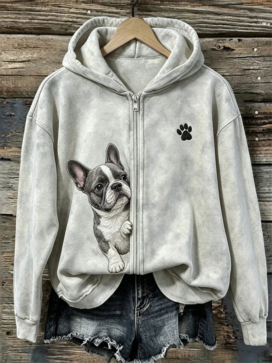 Cute French Bulldog Puppy Zip Hoodie Dog Paw Apparel Gift For Her - Merchluma