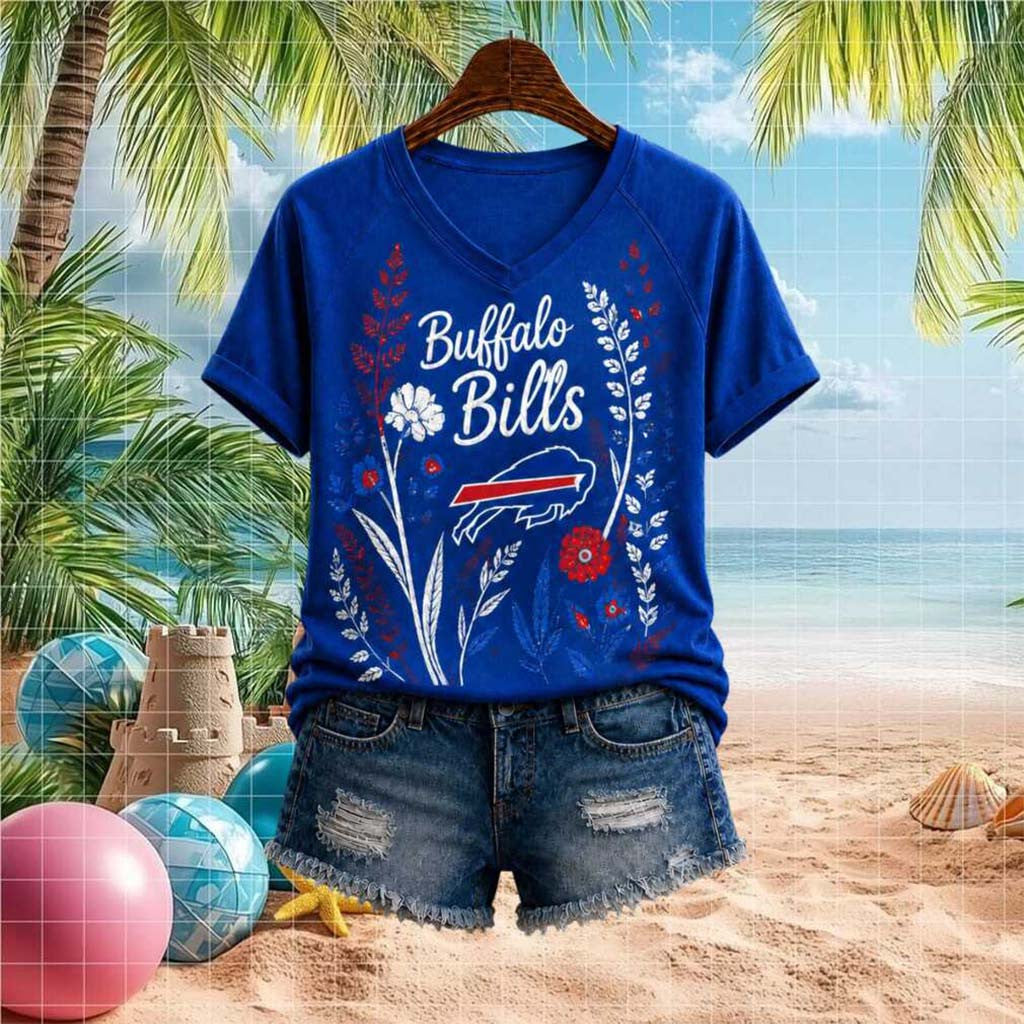 Buffalo Bills Floral Boho Football Team V-Neck Shirt Buffalo Bills Merch Gift For Women - Merchluma