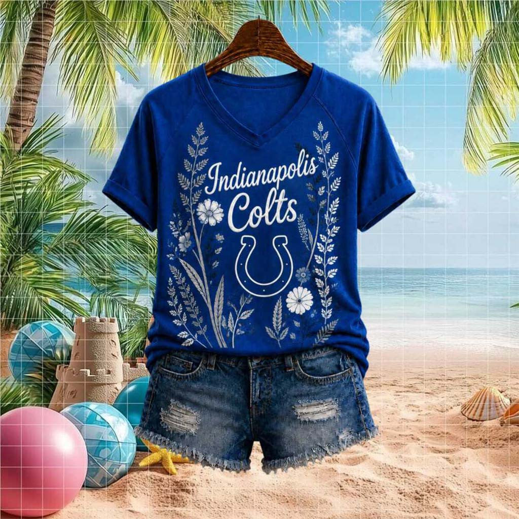 Indianapolis Colts Botanical Floral Horseshoe V-Neck Shirt Indianapolis Colts Merch Fan Gifts - Merchluma