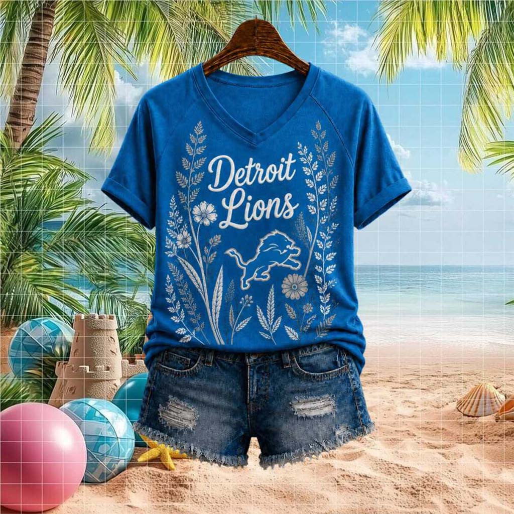 Detroit Lions Floral Style Mascot Logo V-Neck Shirt Detroit Lions Merch Gifts For Fans - Merchluma