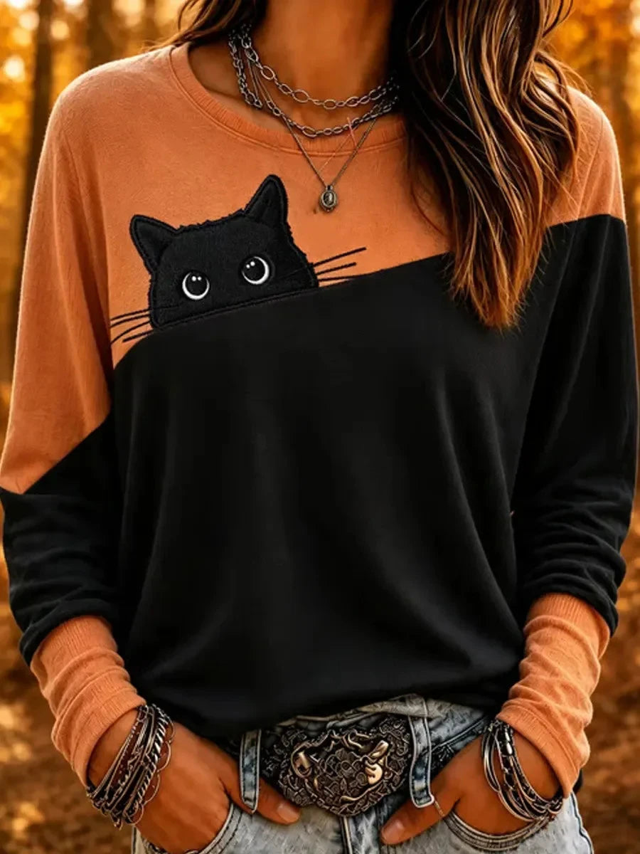 Cute Black Cat Peeking Pocket Sweatshirt Halloween Spooky Merch Gift For Her - Merchluma