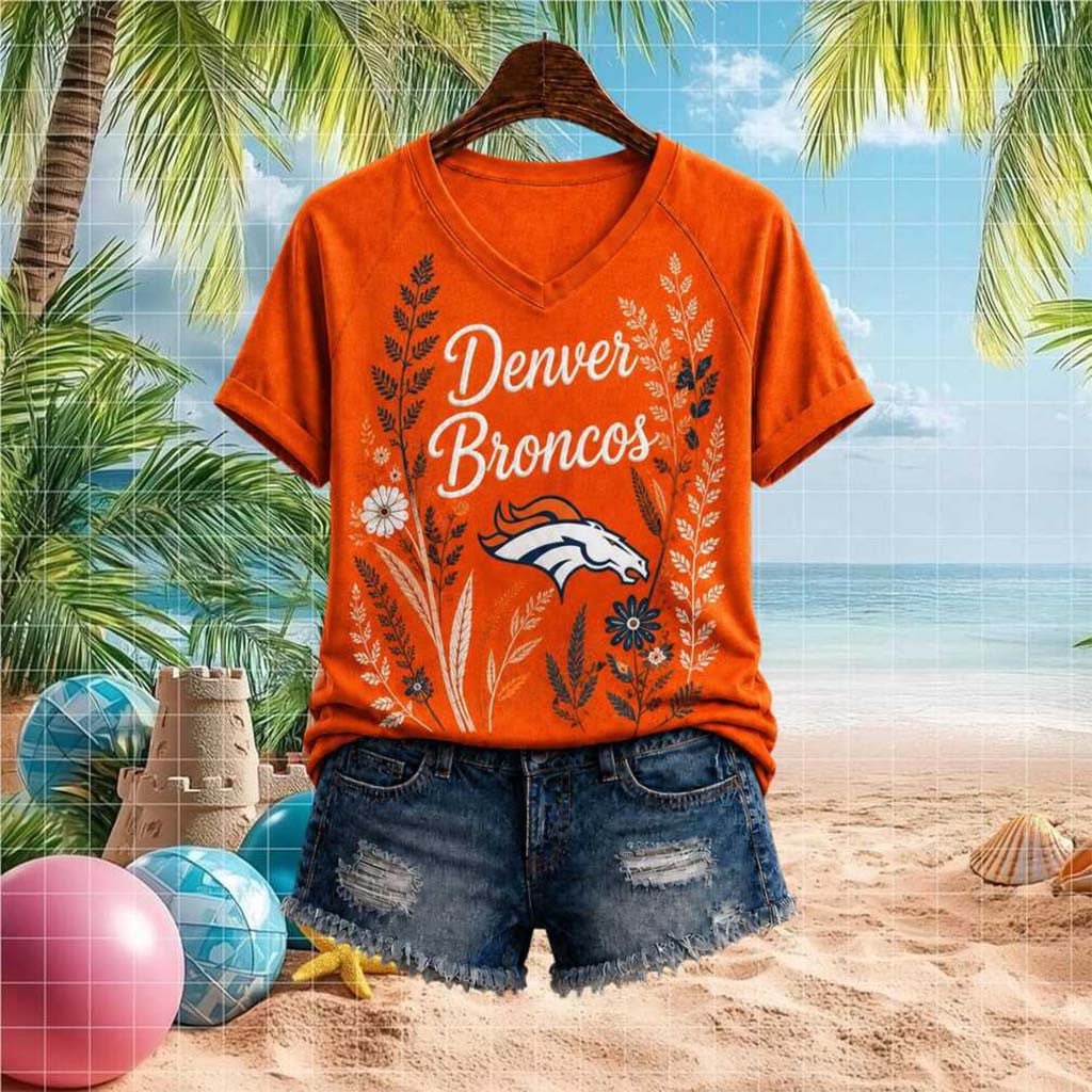 Denver Broncos Floral Boho Football Team V-Neck Shirt Denver Broncos Merch Gift For Fangirl - Merchluma