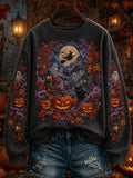 Halloween Witch Ghosts And Black Cat Sweatshirt Spooky Moon Pumpkin Clothing Present Ideas - Merchluma