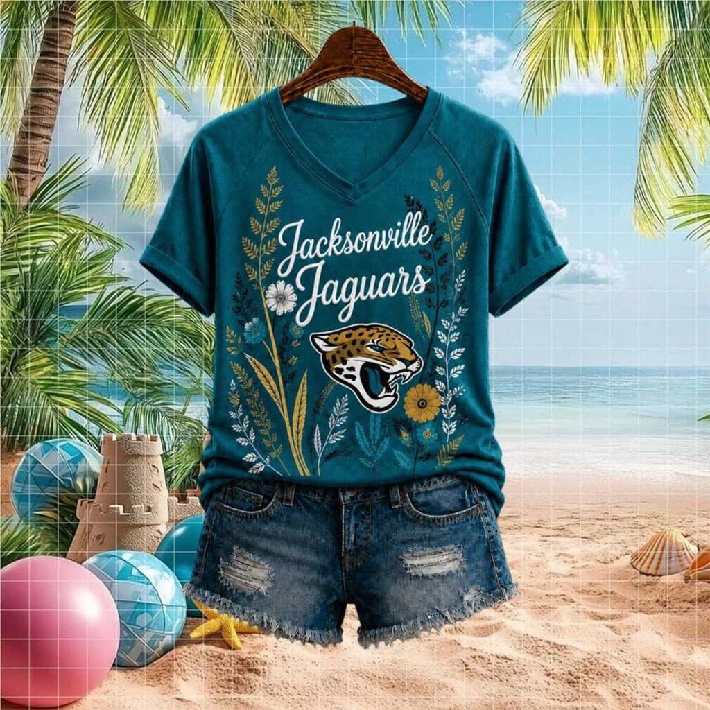 Jacksonville Jaguars Floral Boho V-Neck Shirt Jacksonville Jaguars Merch Gift For Football Fan - Merchluma