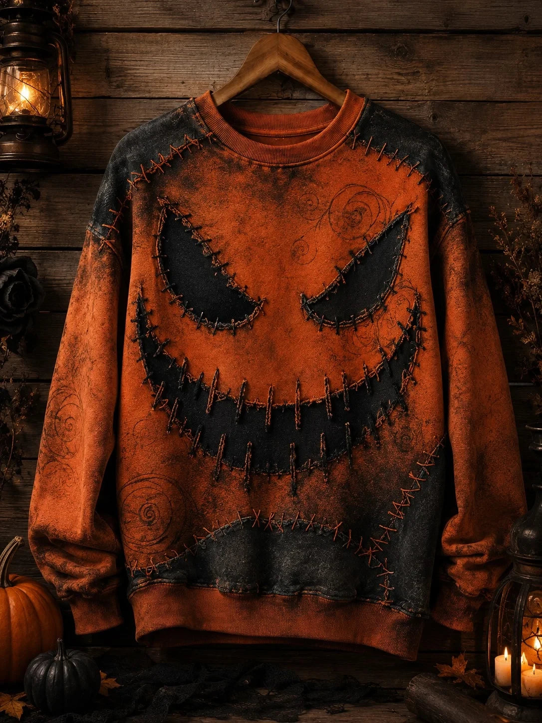 Stitched Pumpkin Face Halloween Sweatshirt Spooky Jack-O'-Lantern Clothing Gift Ideas - Merchluma