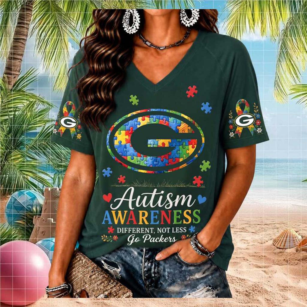 Green Bay Packers Autism Awareness Different Not Less V-Neck Shirt Packers Merch Fan Gifts - Merchluma