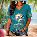 Miami Dolphins Autism Awareness Puzzle Piece V-Neck Shirt Miami Dolphins Merch Women's - Merchluma