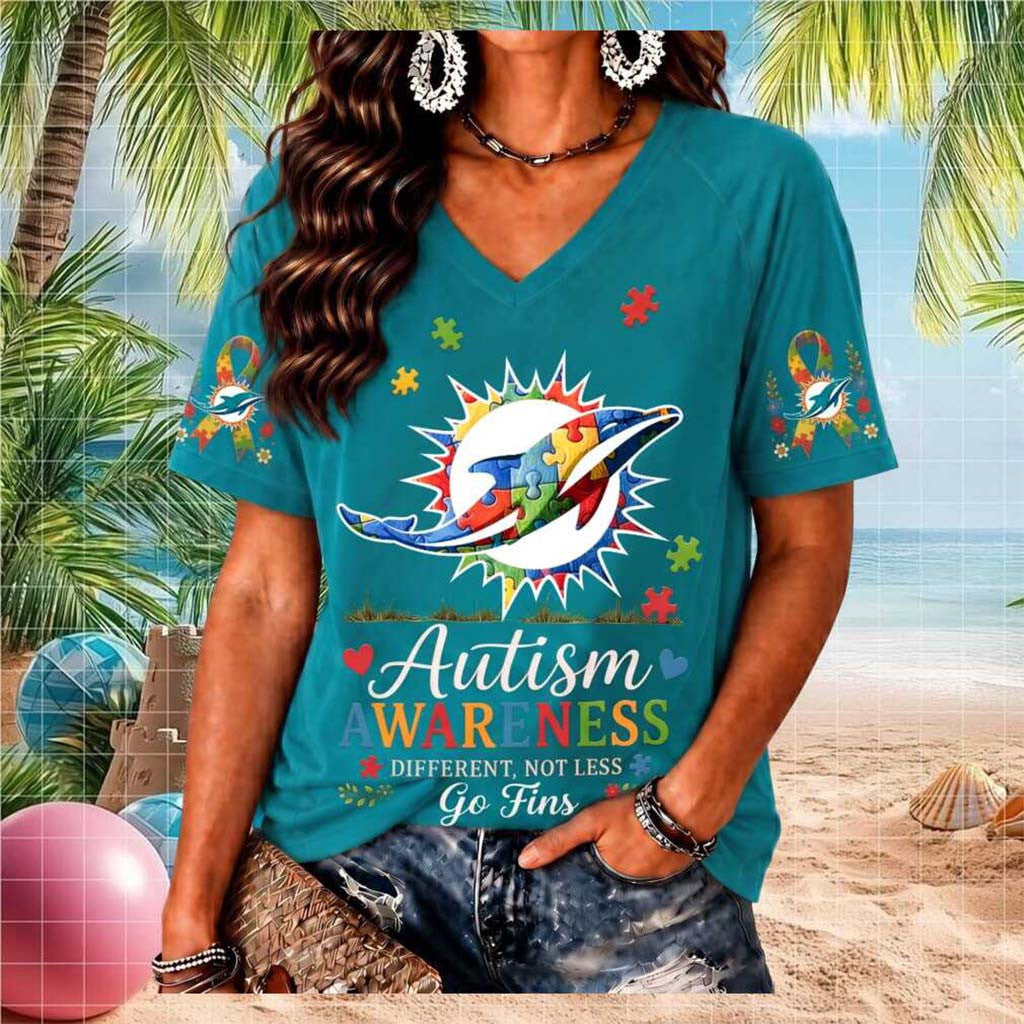 Miami Dolphins Autism Awareness Puzzle Piece V-Neck Shirt Miami Dolphins Merch Women's - Merchluma