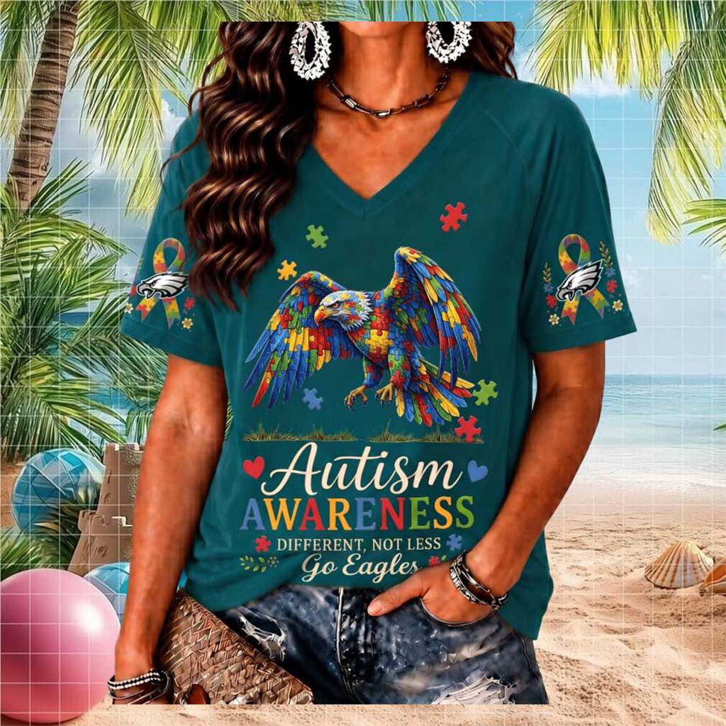 Philadelphia Eagles Autism Awareness Puzzle Piece V-Neck Shirt Philadelphia Eagles Merch - Merchluma