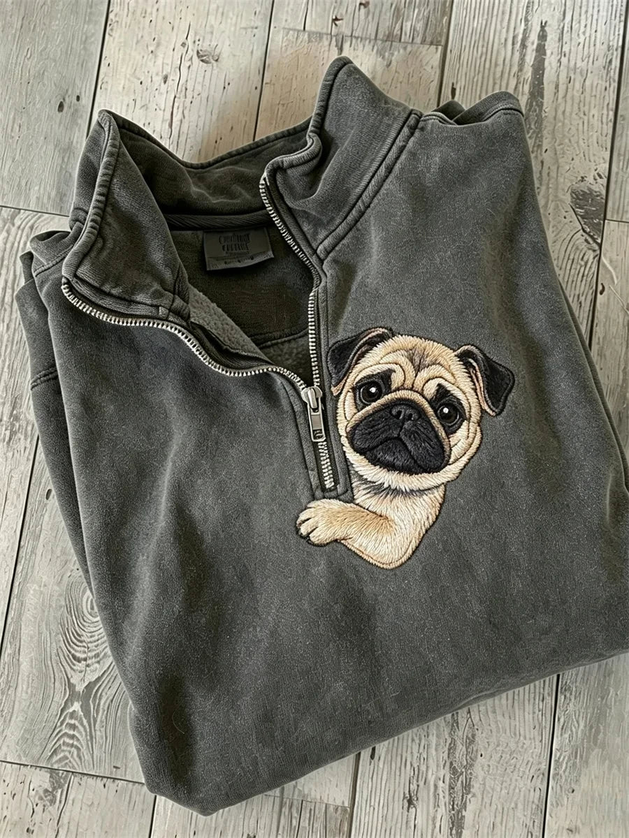 Cute Fawn Pug Dog Half Zip Sweatshirt Peeking Puppy Apparel Gift For Her - Merchluma