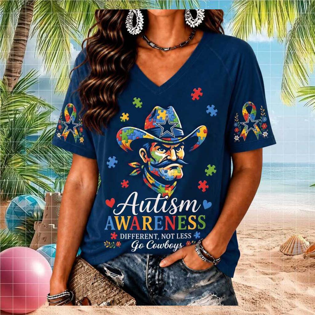 Dallas Cowboys Autism Awareness Different Not Less V-Neck Shirt Dallas Cowboys Merch Fan Gifts - Merchluma