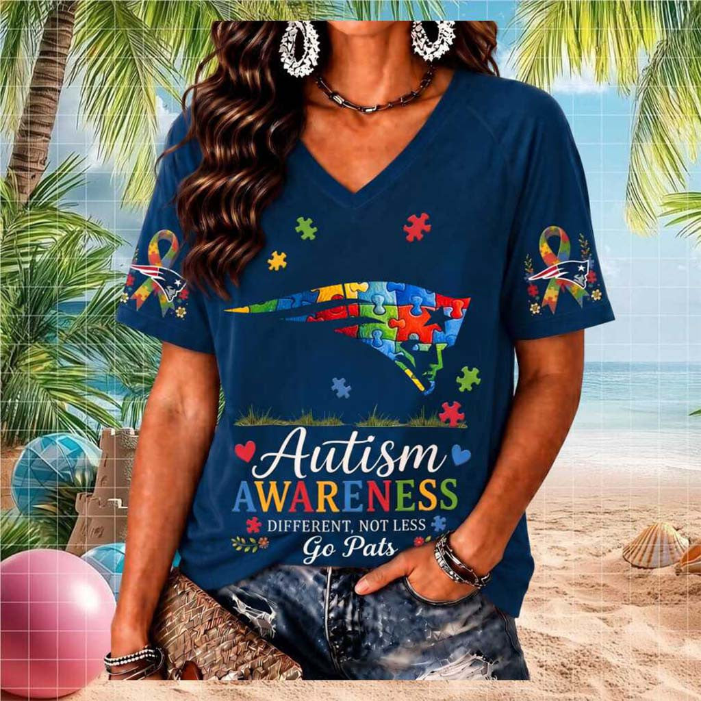 New England Patriots Autism Awareness Puzzle Logo V-Neck Shirt NE Patriots Merch Fan Gifts - Merchluma
