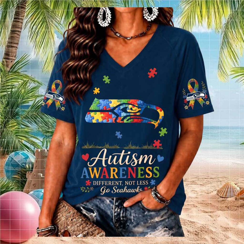 Seattle Seahawks Autism Awareness Puzzle Piece V-Neck Shirt Seattle Seahawks Merch Gift For Her - Merchluma
