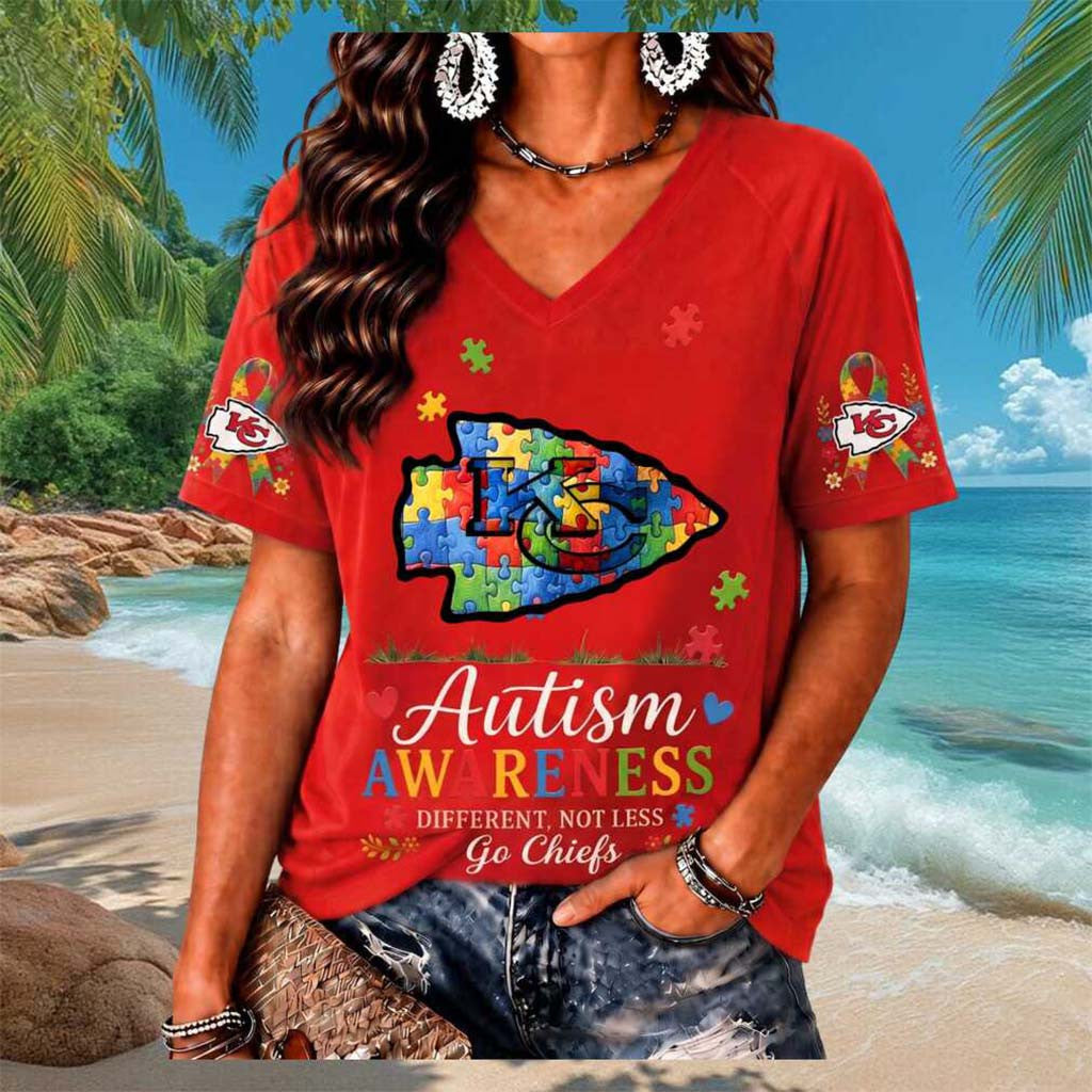 Kansas City Chiefs Autism Awareness Different Not Less V-Neck Shirt KC Chiefs Merch Fan Gifts - Merchluma