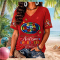 San Francisco 49ers Autism Awareness Puzzle Piece V-Neck Shirt SF 49ers Merch Gift For Autistic - Merchluma