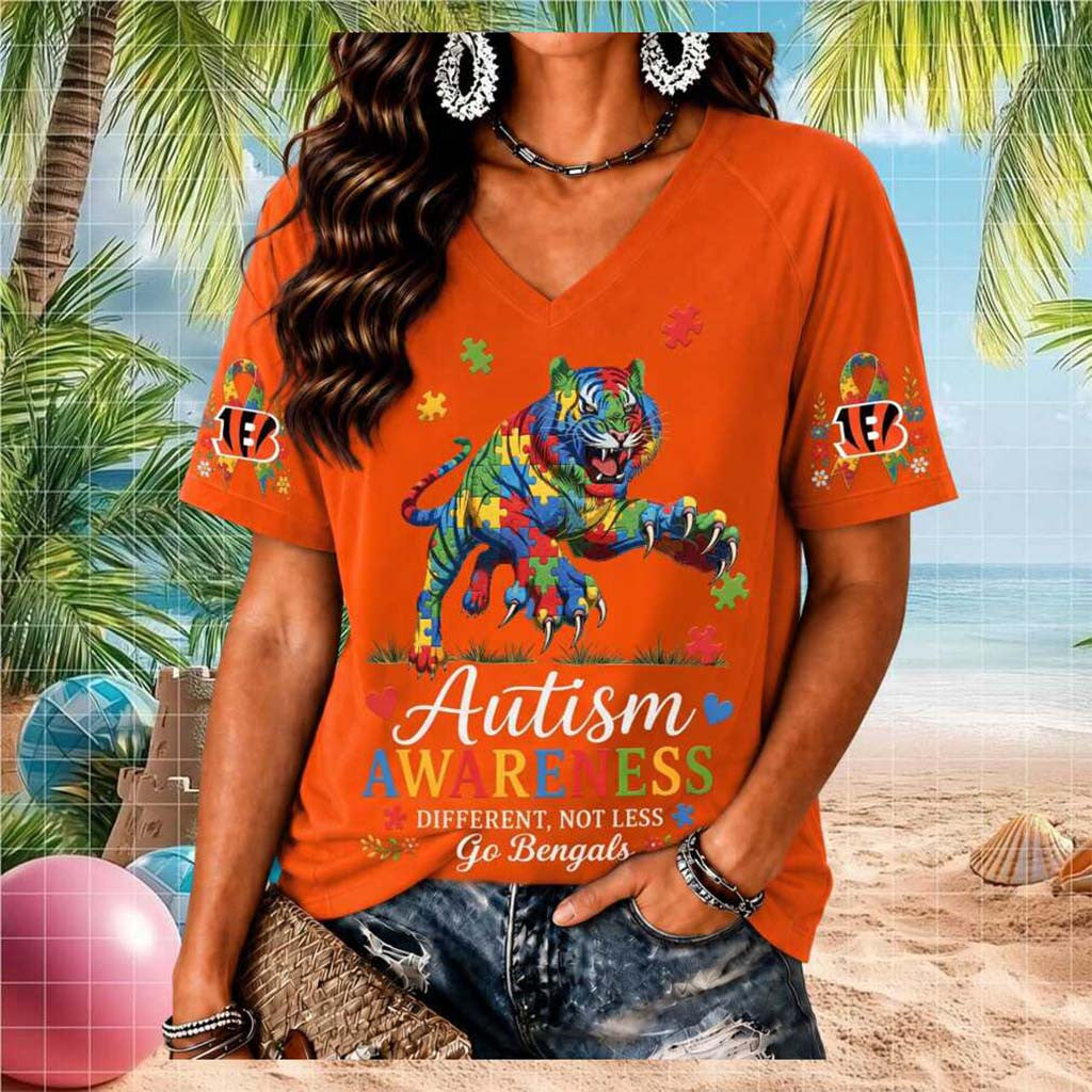 Cincinnati Bengals Tiger Autism Awareness Puzzle V-Neck Shirt Cincinnati Bengals Merch Women's - Merchluma