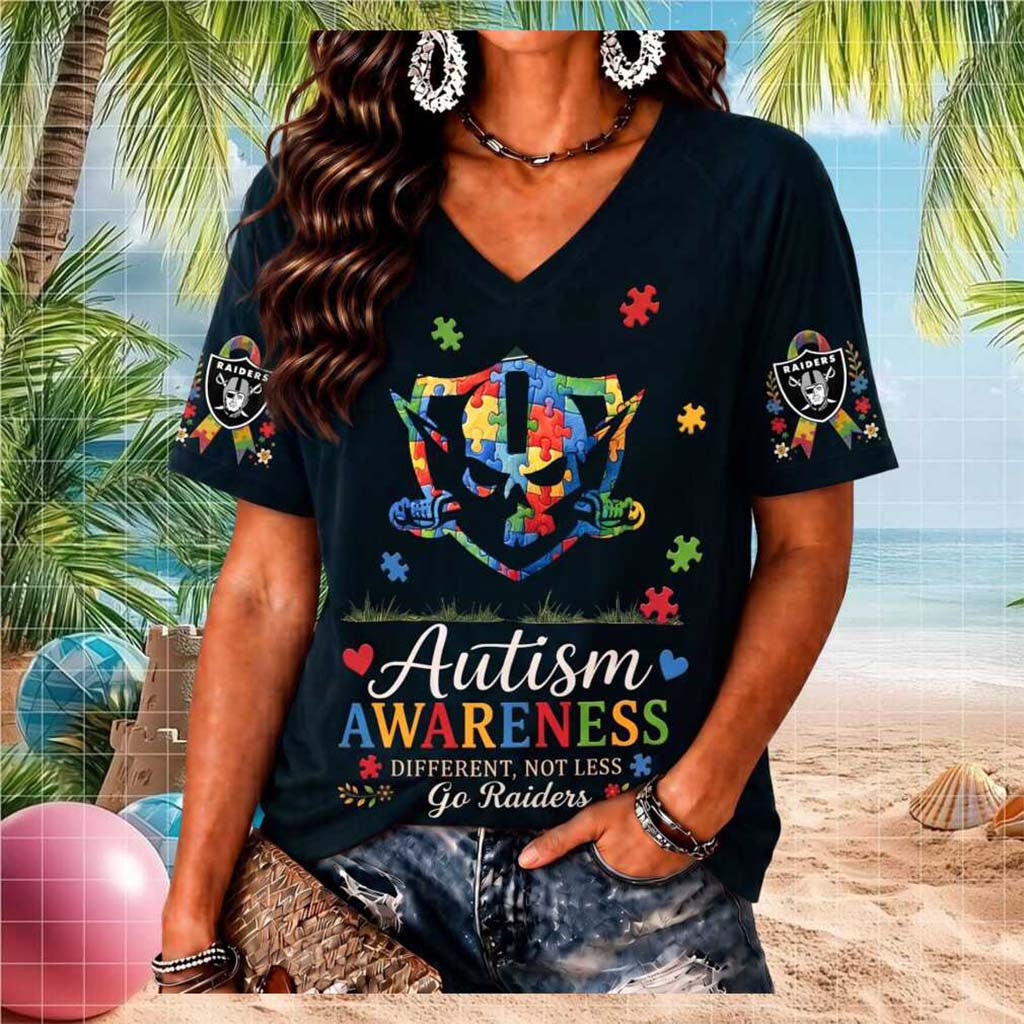Las Vegas Raiders Autism Awareness Different Not Less V-Neck Shirt LV Raiders Merch Fan Gifts - Merchluma