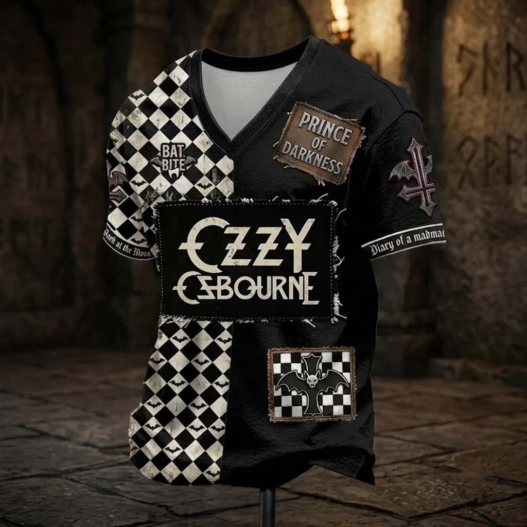 Ozzy Osbourne Prince of Darkness Checkered V-Neck T-Shirt Ozzy Osbourne Merch Gifts for Him - Merchluma
