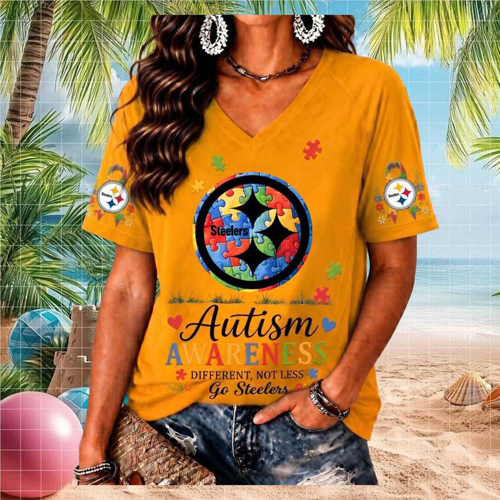 Pittsburgh Steelers Autism Awareness Puzzle Piece V-Neck Shirt Pittsburgh Steelers Merch - Merchluma