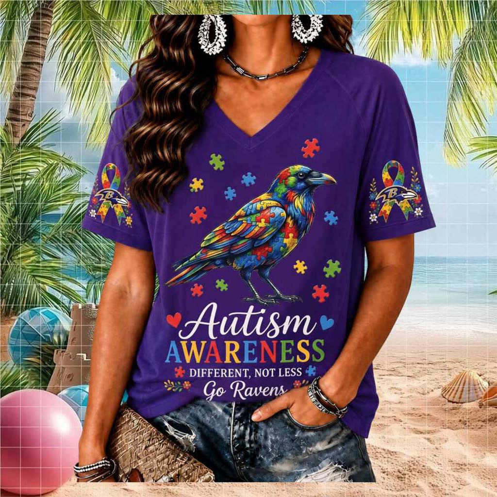 Baltimore Ravens Autism Awareness Different Not Less V-Neck Shirt Baltimore Ravens Merch - Merchluma