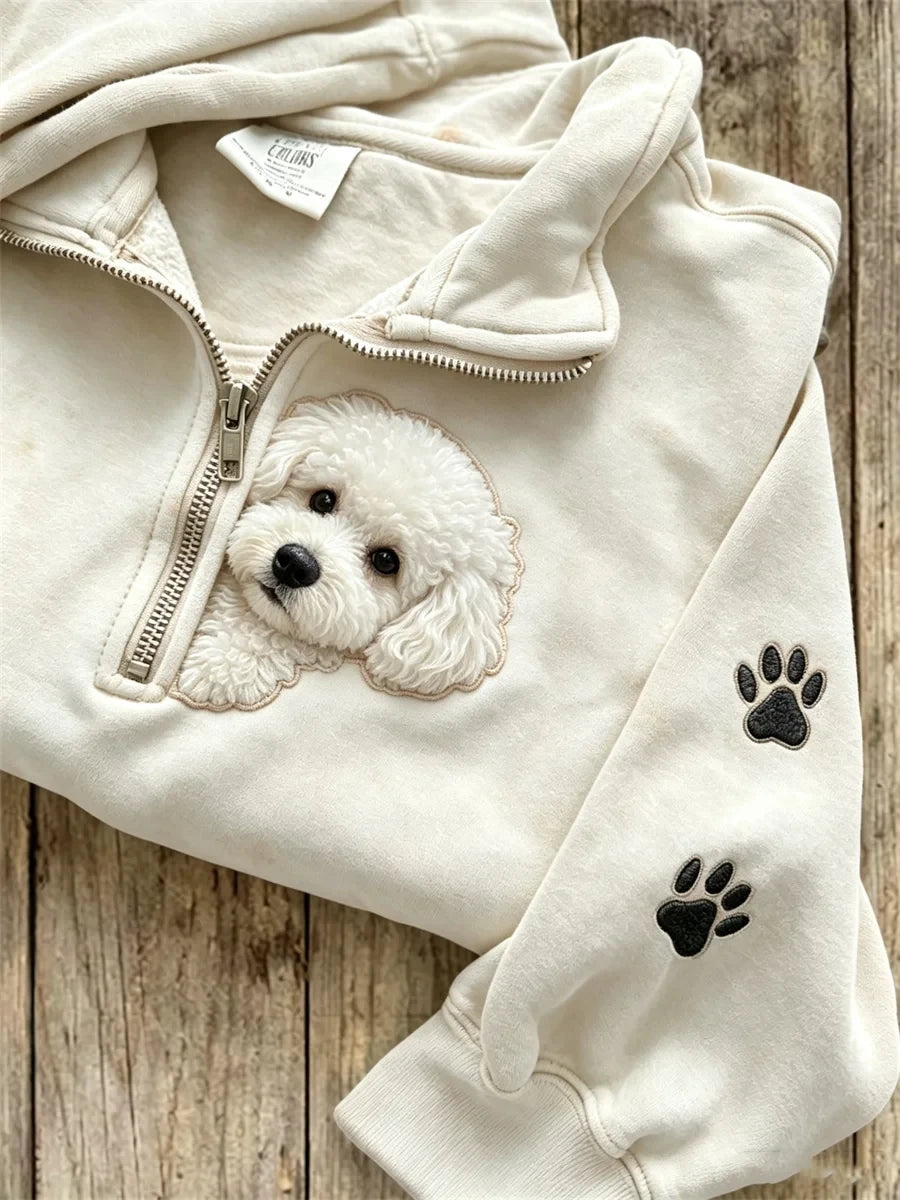 Cute White Bichon Frise Poodle Half Zip Sweatshirt Dog Paw Sleeve Clothes Gift For Her - Merchluma