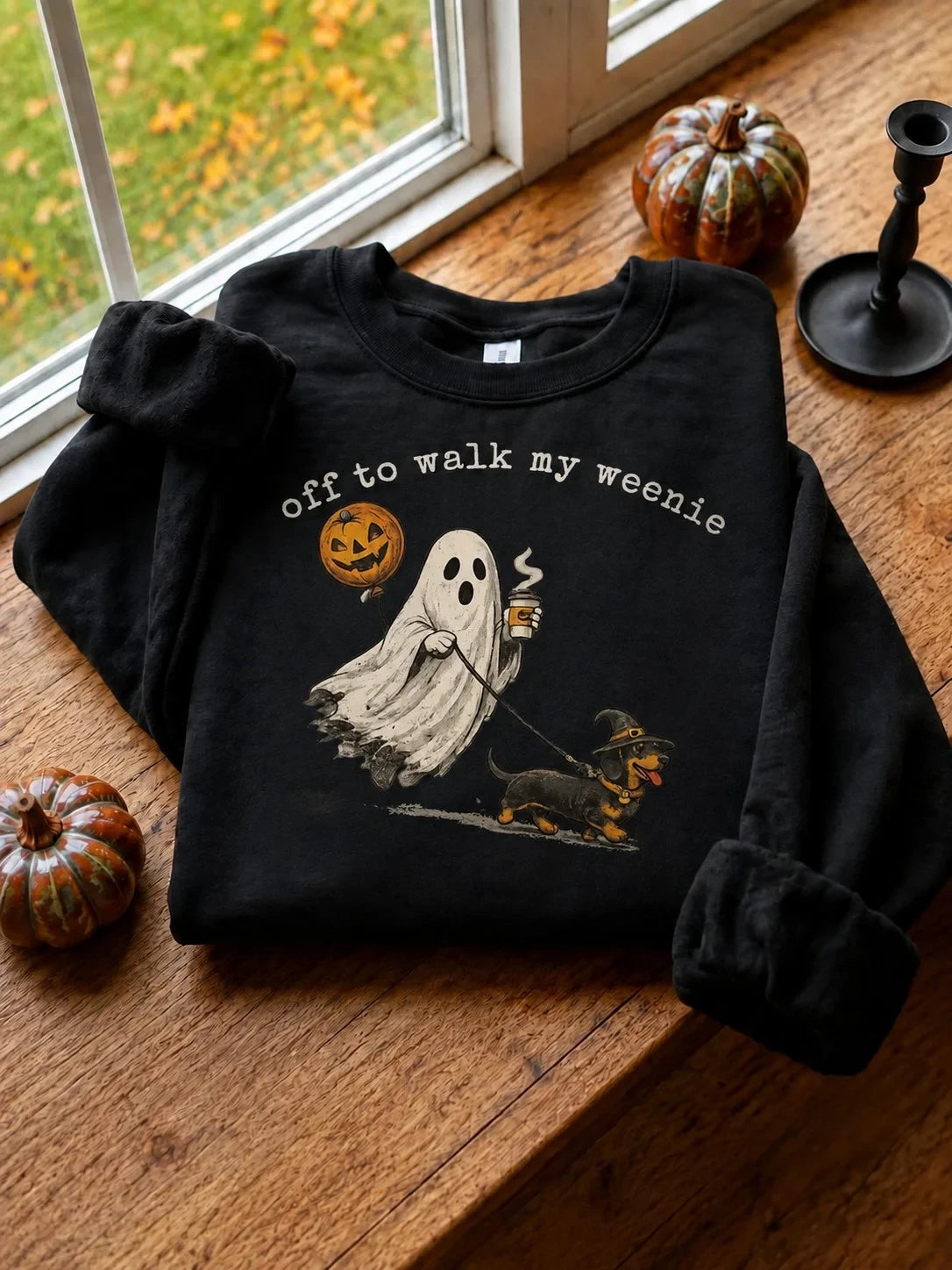 Off To Walk My Weenie Halloween Sweatshirt Ghost Dachshund Clothes Gift Ideas For Husband - Merchluma