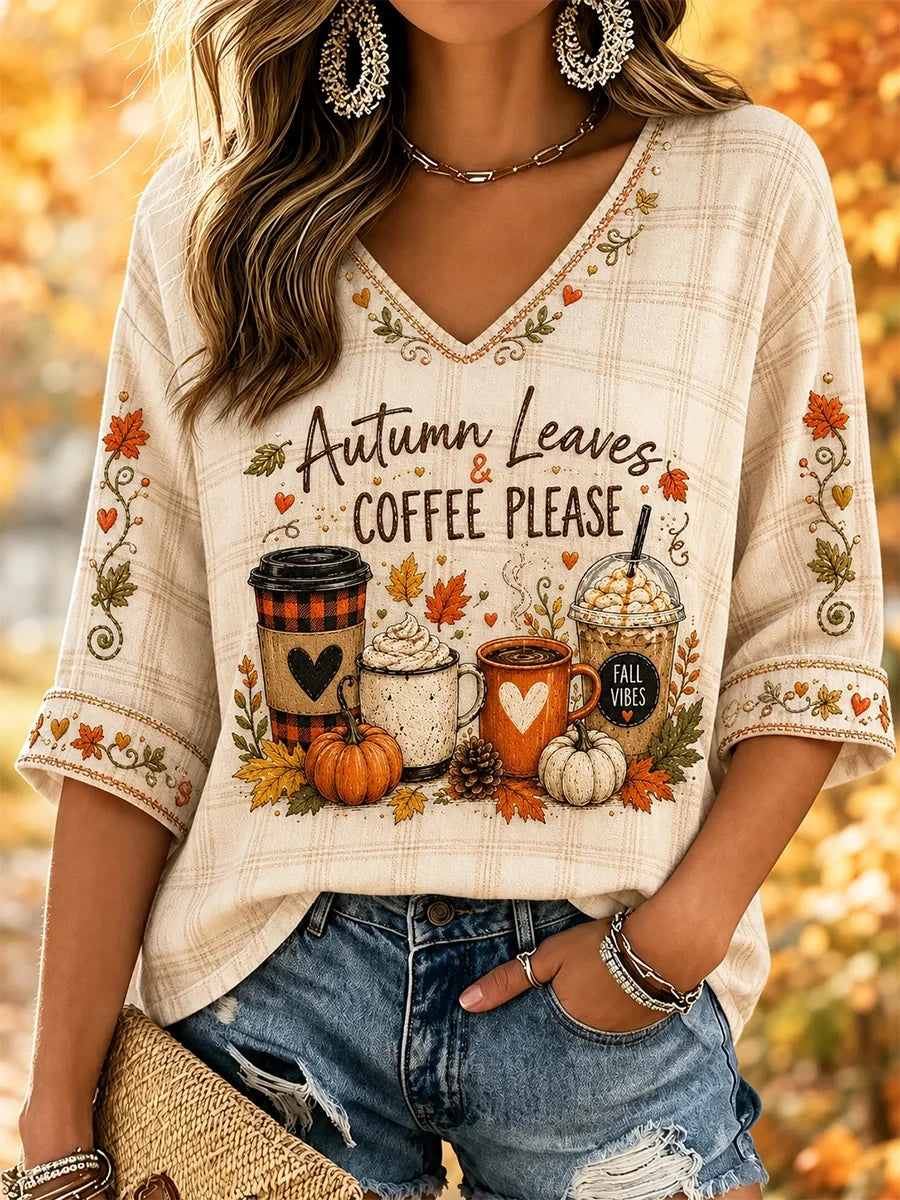 Autumn Leaves And Coffee Please Cropped Sleeve V-Neck Shirt Hello Fall Pumpkin Apparel - Merchluma