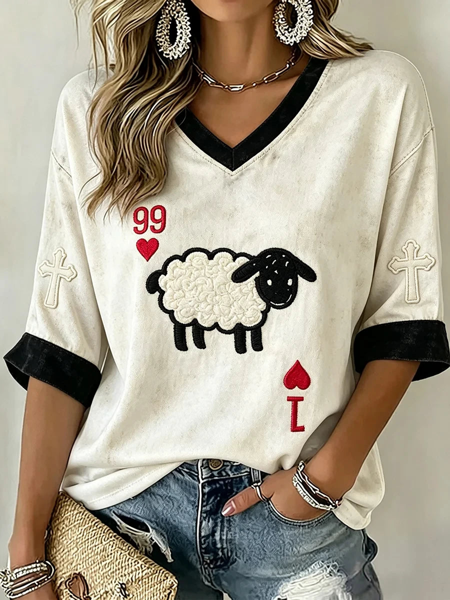 He Left The 99 Christian Sheep Cropped Sleeve V-Neck Shirt Faith Merch Gift For Her - Merchluma