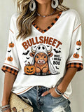 Bullsheet Cute Cow Halloween Ghost Cropped Sleeve V-Neck Shirt Spooky Season Merch Gift For Her - Merchluma