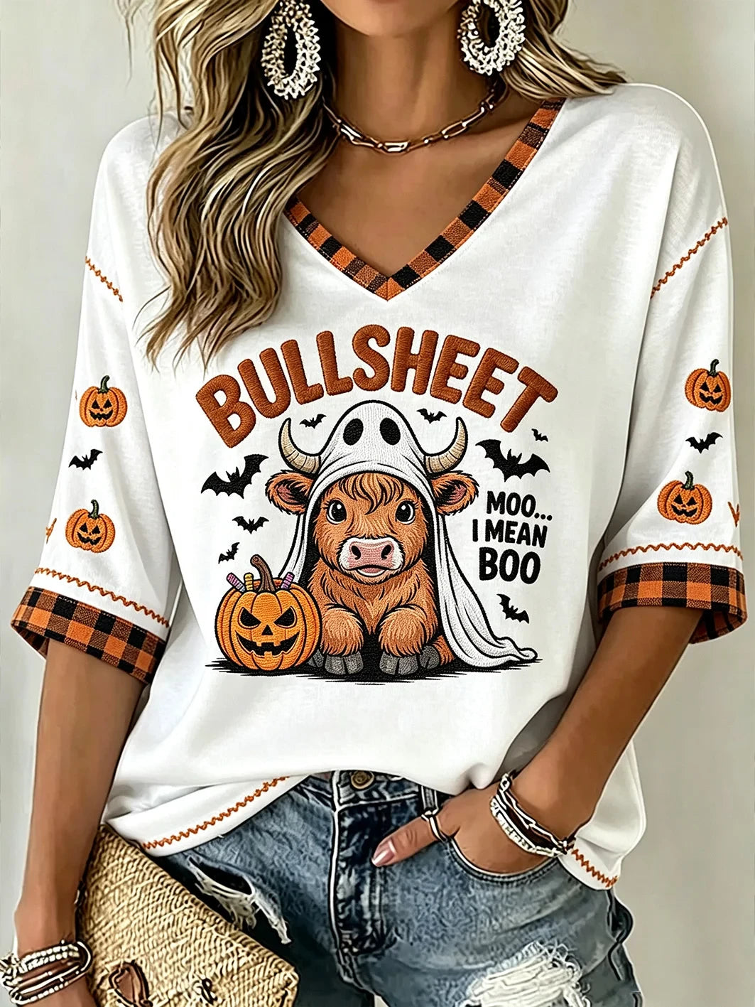Bullsheet Cute Cow Halloween Ghost Cropped Sleeve V-Neck Shirt Spooky Season Merch Gift For Her - Merchluma