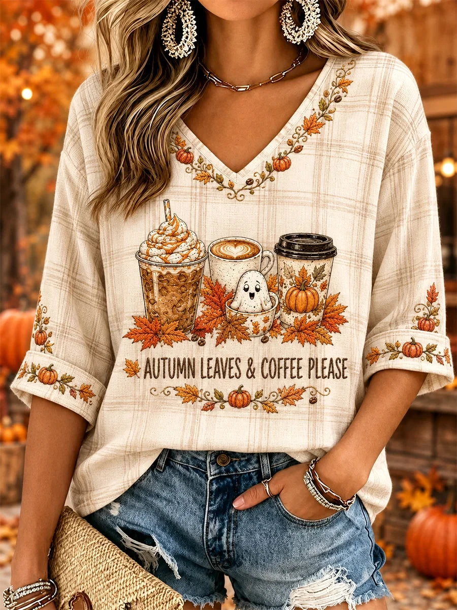 Autumn Leaves & Coffee Please Cropped Sleeve V-Neck Shirt Fall Coffee Clothing Gift Ideas - Merchluma