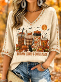 Autumn Leaves And Coffee Please Cropped Sleeve V-Neck Shirt Fall Pumpkin Ghost Apparel - Merchluma
