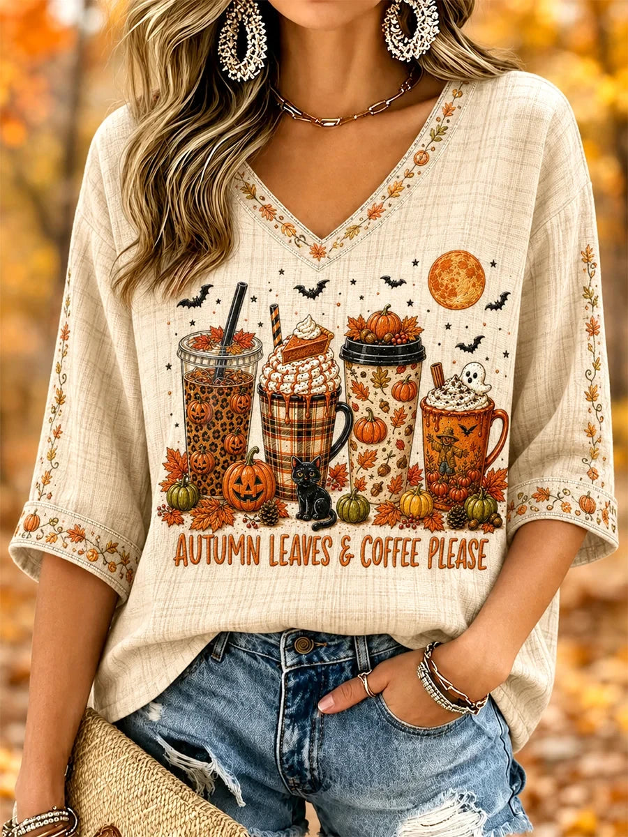 Autumn Leaves And Coffee Please Cropped Sleeve V-Neck Shirt Fall Pumpkin Ghost Apparel - Merchluma