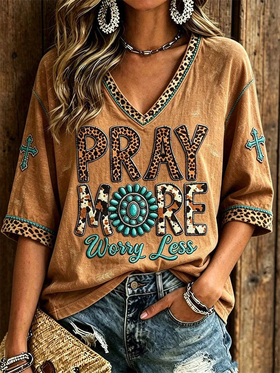 Pray More Worry Less Cropped Sleeve V-Neck Shirt Western Leopard Turquoise Cross Clothing Gift - Merchluma