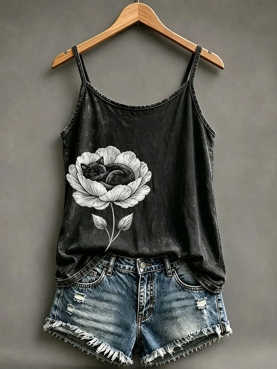 Black Cat Sleeping In A Flower Tank Top Cat Flower Merch Unique Gift For Women - Merchluma